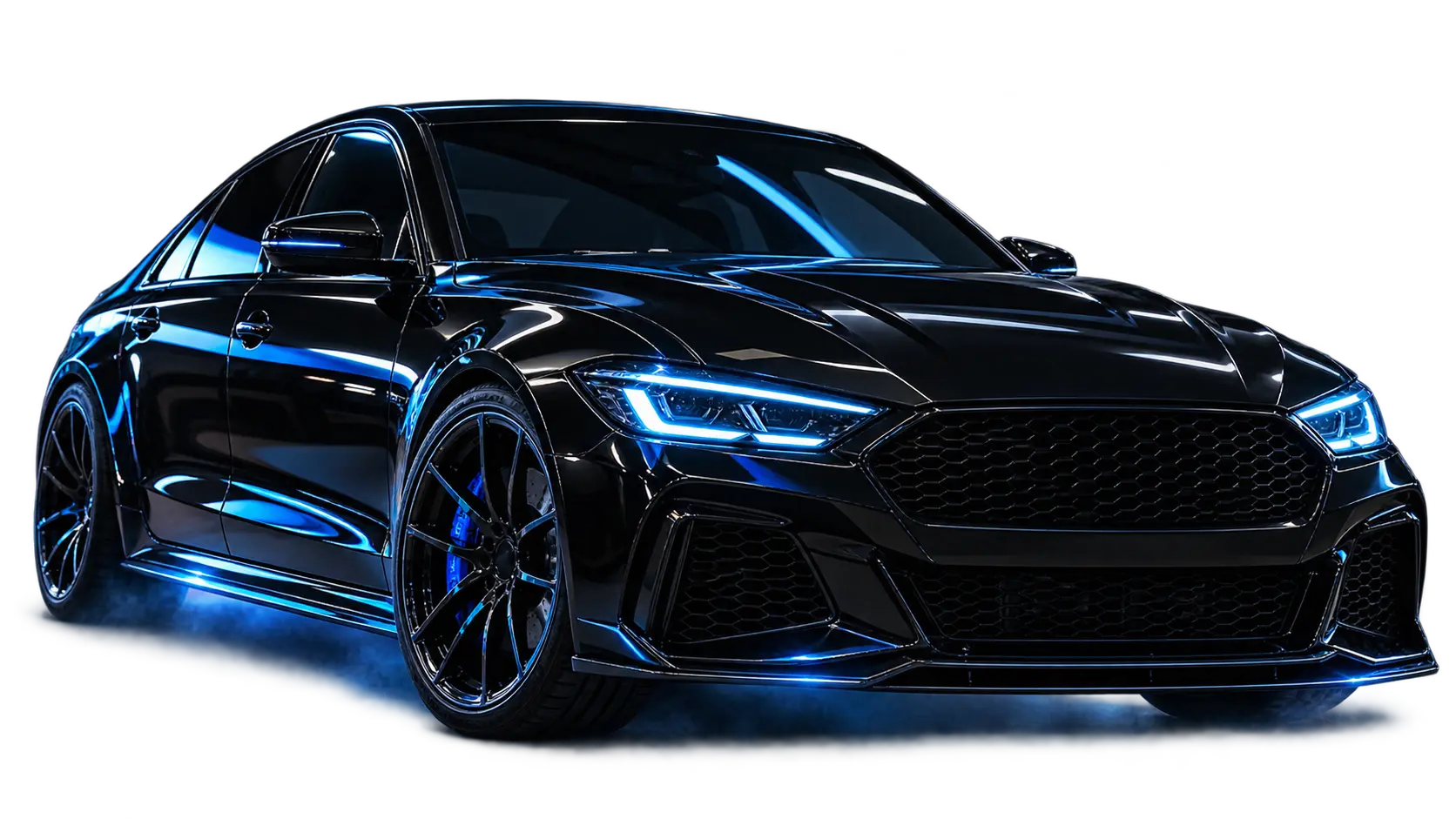 Carro esportivo preto com iluminação azul, identidade visual da Tração Digital