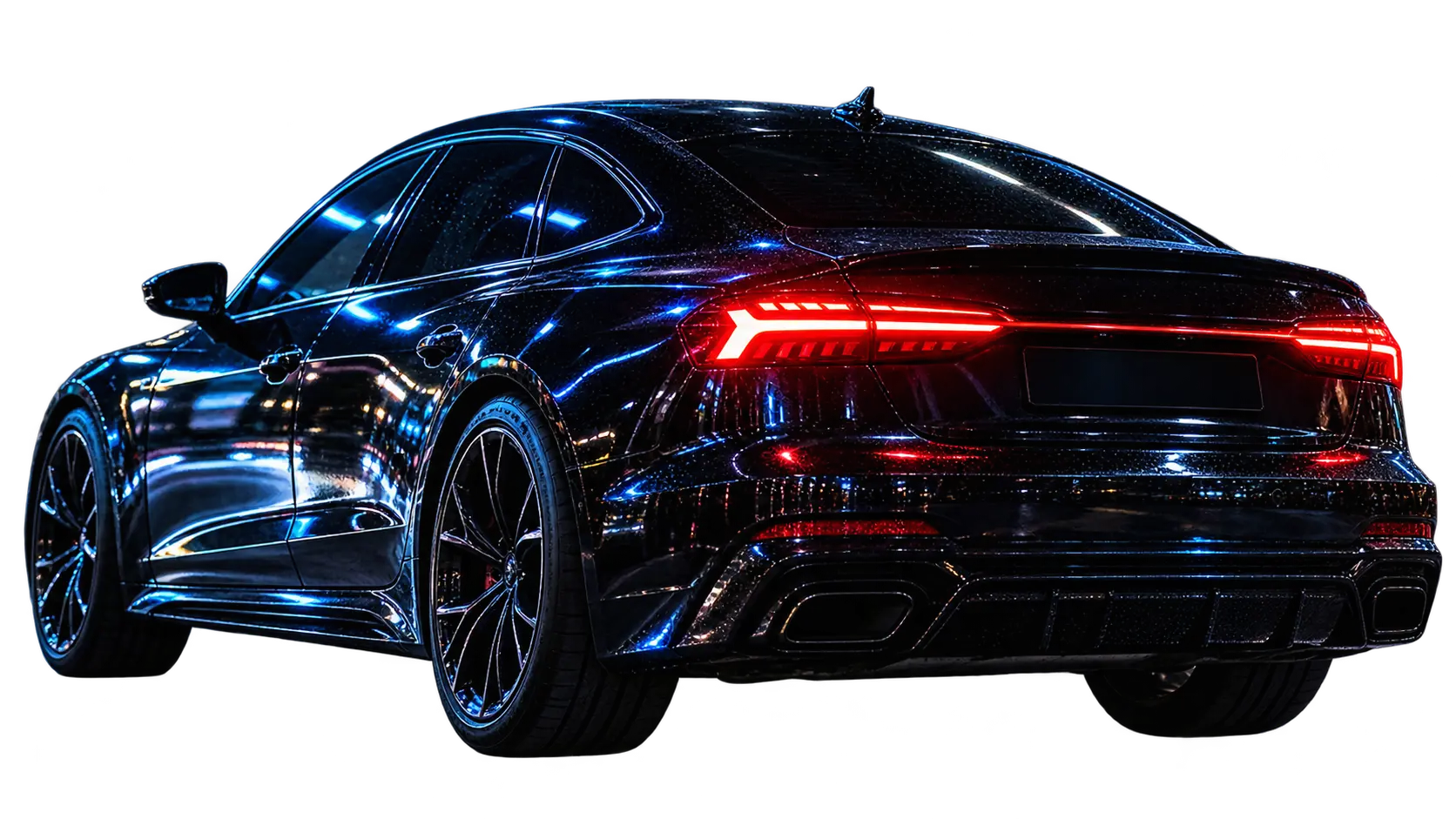 Carro esportivo visto por trás, com detalhes em azul