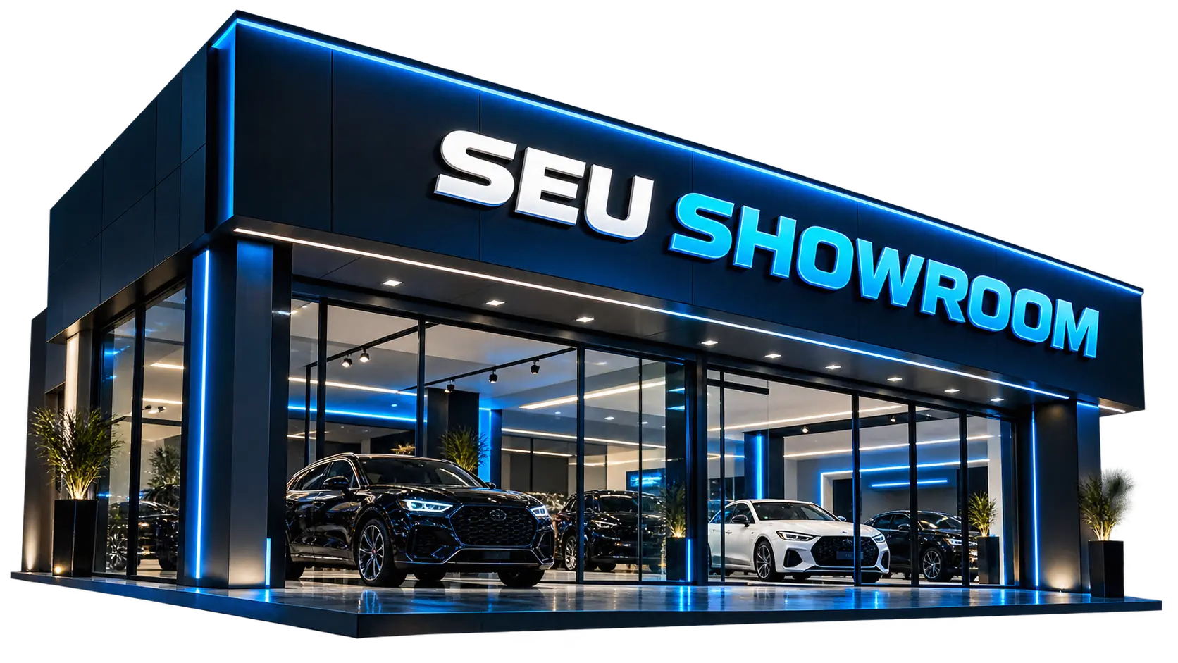 Representação de um showroom com iluminação azul